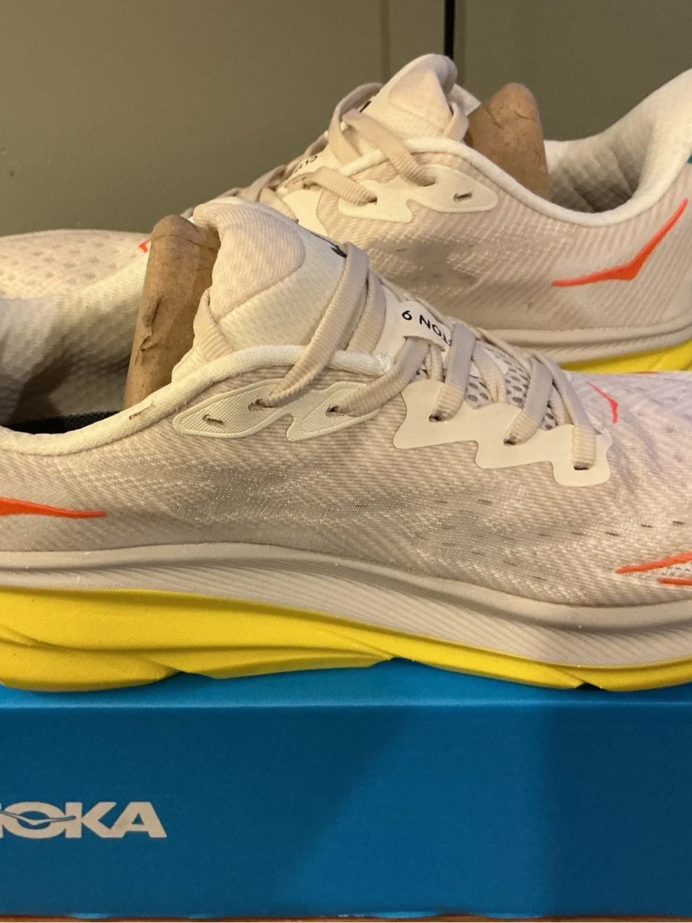 Hoka Men’s Clifton 9 Running Shoes - White with Orange Accents size 10